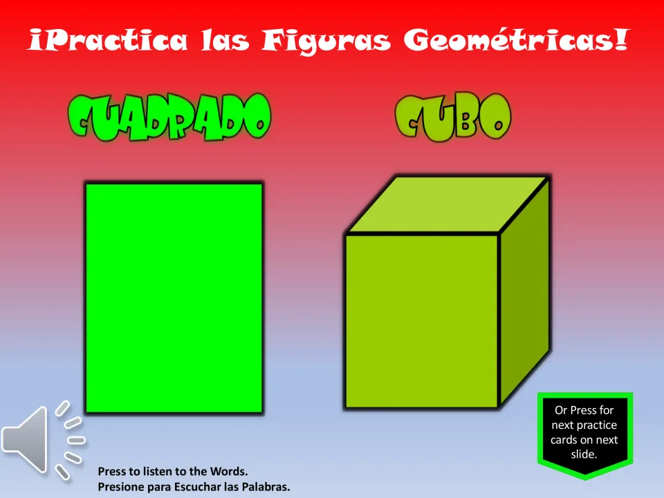 Spanish shape vocabulary practice slide introduces cuadrado (square) and cubo (cube), with audio prompts