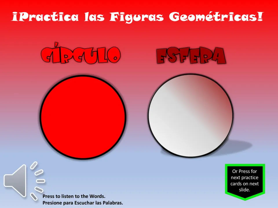 Spanish shape vocabulary practice slide introduces círculo (circle) and esfera (sphere), with pictures