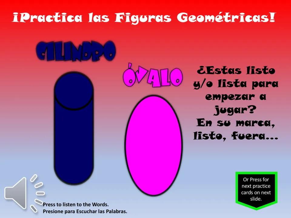 Spanish shape vocabulary practice slide shows cilindro (cylinder) and óvalo (oval) before the game begins
