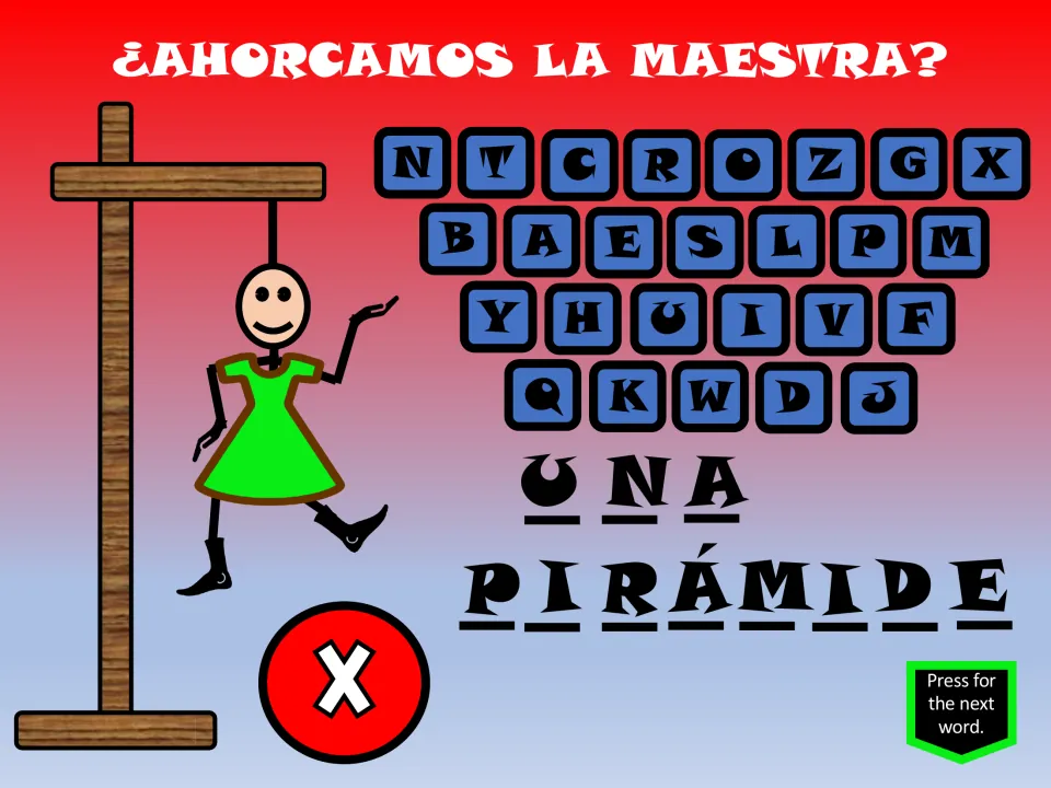 Spanish geometry hangman game slide displays una pirámide (a pyramid), letter choices, and an X control