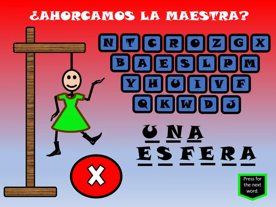 Spanish geometry hangman game slide displays una esfera (a sphere), letter choices, and an X control