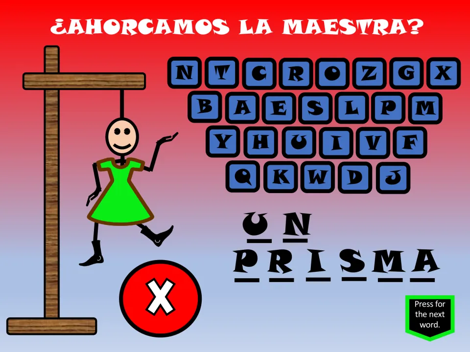 Spanish geometry hangman game slide displays un prisma (a prism), letter choices, and an X control
