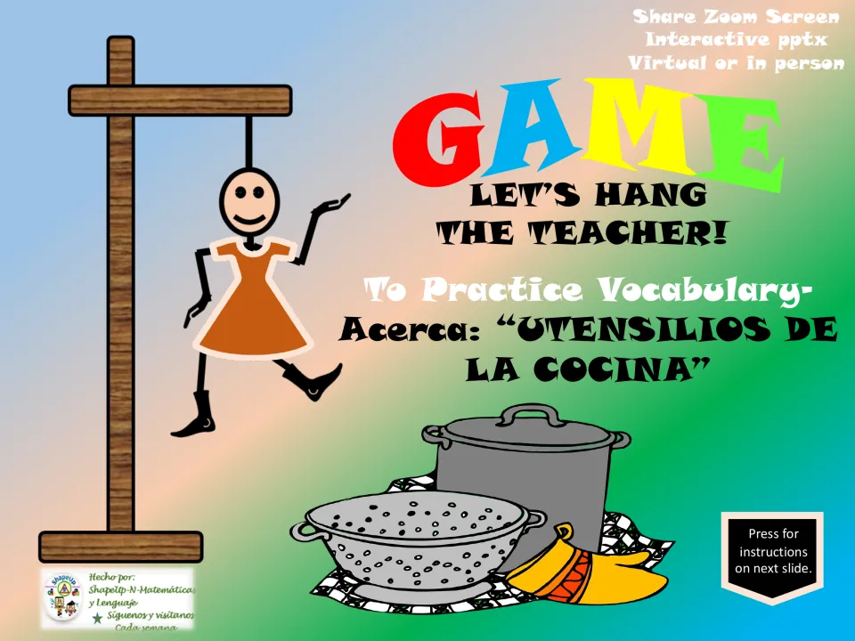 Cover of a Spanish kitchen vocabulary hangman PowerPoint labeled “Let's Hang the Teacher” for virtual or in-person use