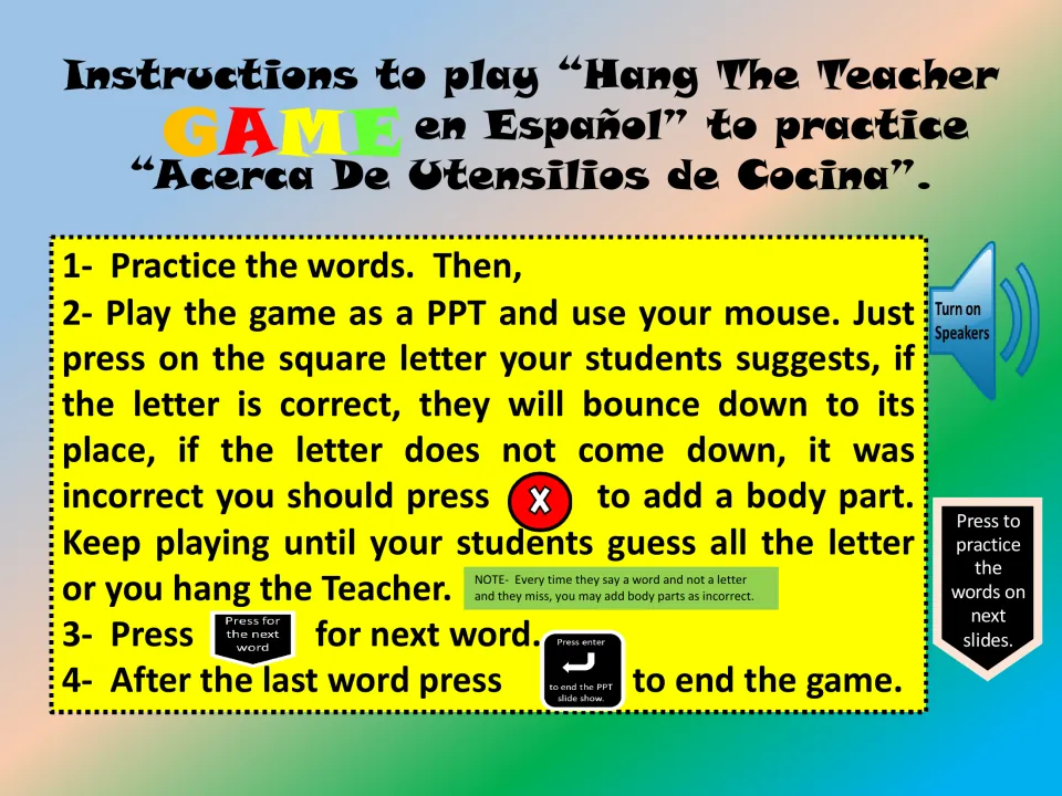 Game instructions: practice vocabulary, click guessed letters, and press X to add a body part for incorrect guesses