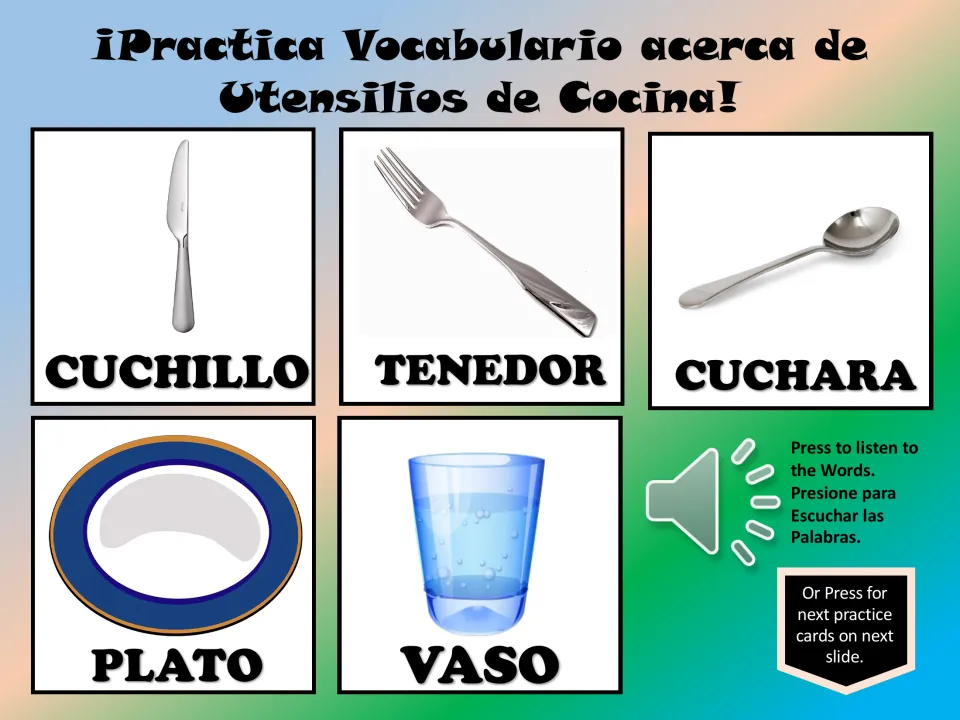 Spanish vocabulary cards 1–5: cuchillo (knife), tenedor (fork), cuchara (spoon), plato (plate), and vaso (glass)