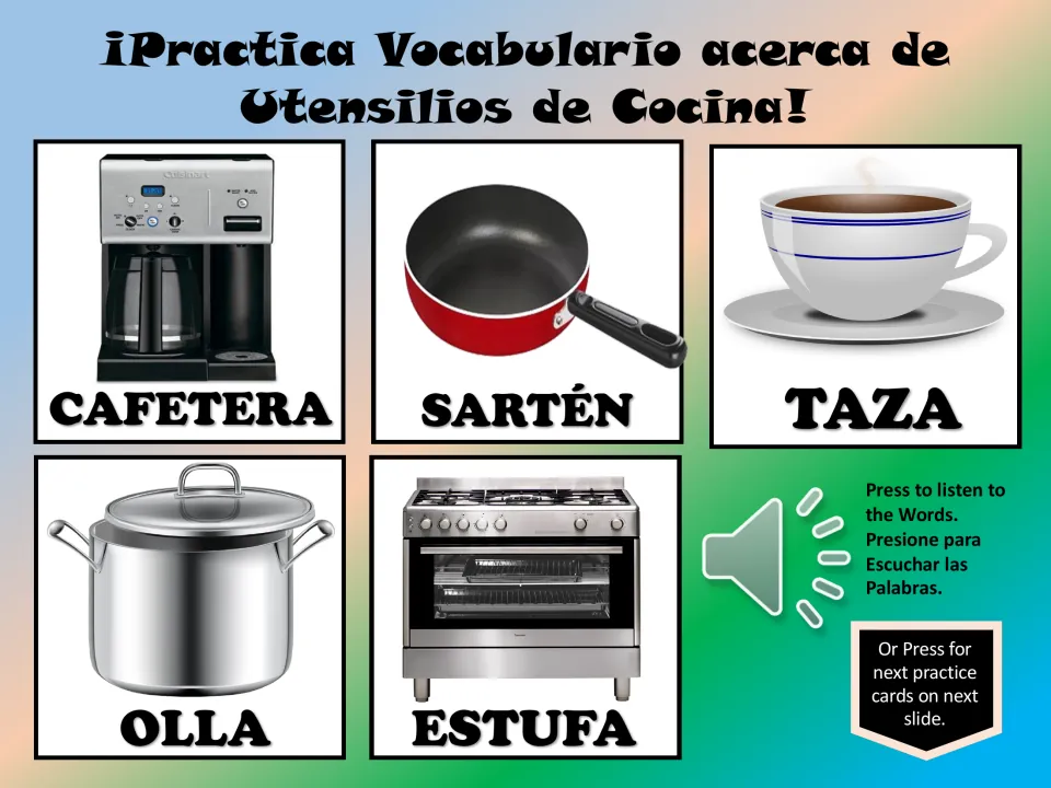 Spanish vocabulary cards 6–10: cafetera (coffee maker), sartén (pan), taza (cup), olla (pot), and estufa (stove)