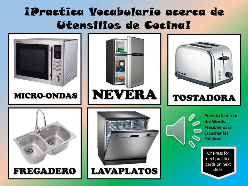Spanish vocabulary cards 11–15: micro-ondas (microwave), nevera (refrigerator), tostadora (toaster), and two more