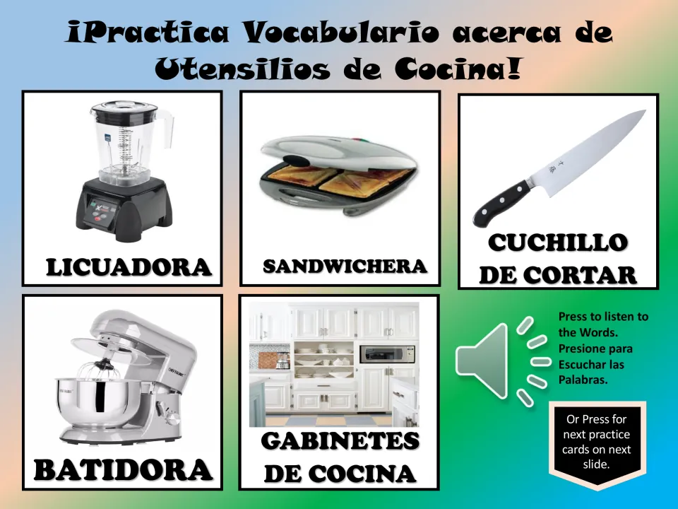 Spanish vocabulary cards 16–20: licuadora (blender), sandwichera (sandwich maker), batidora (mixer), and two more