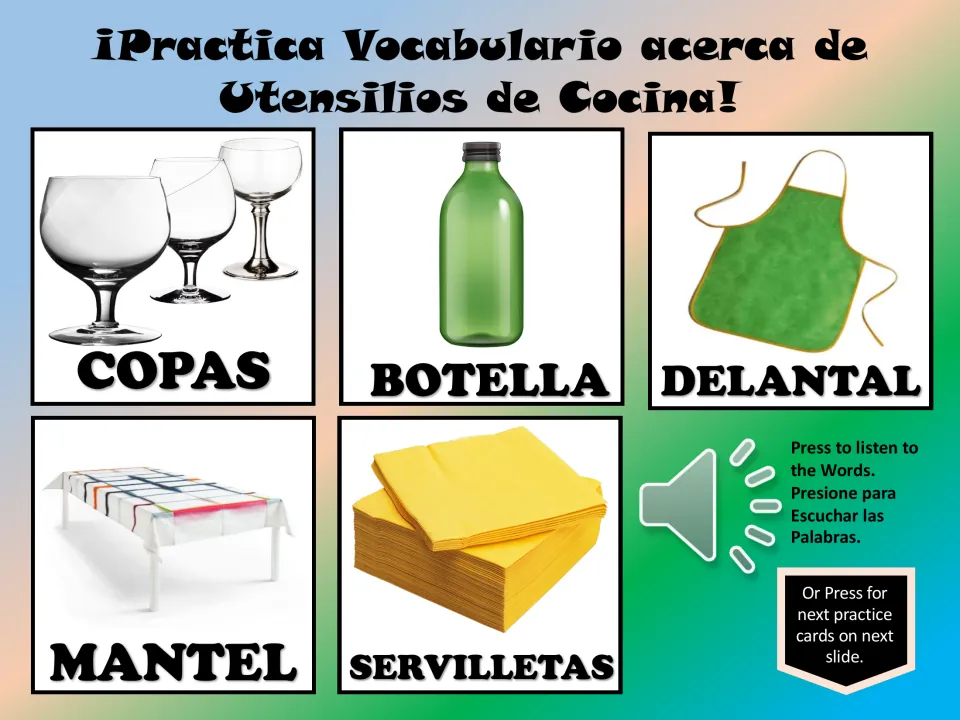 Spanish vocabulary cards 21–25: copas (goblets), botella (bottle), delantal (apron), mantel, and servilletas