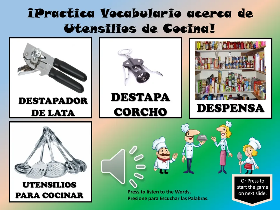 Spanish vocabulary cards 26–29 show a can opener, corkscrew, pantry, and cooking utensils with Spanish labels
