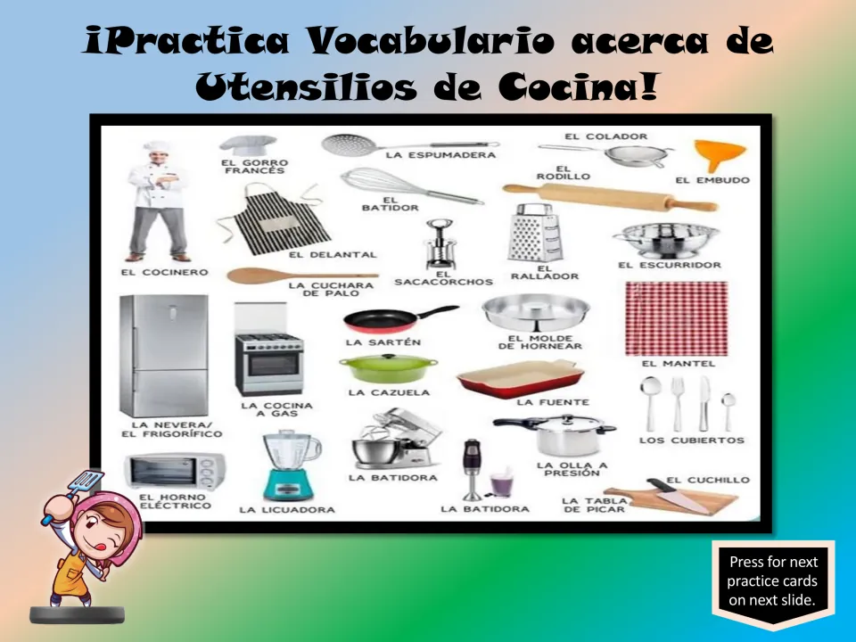 Spanish kitchen vocabulary chart labels cookware and tools, including el colador (strainer) and el embudo (funnel)