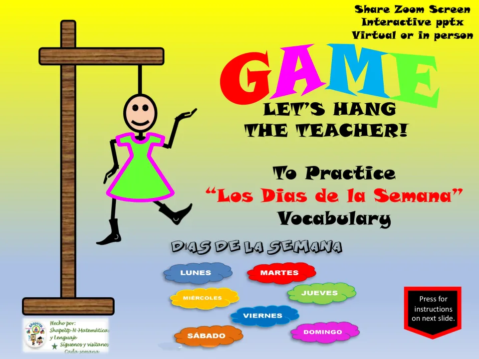 Cover of a Spanish days-of-the-week hangman game for interactive PowerPoint play in person or on Zoom