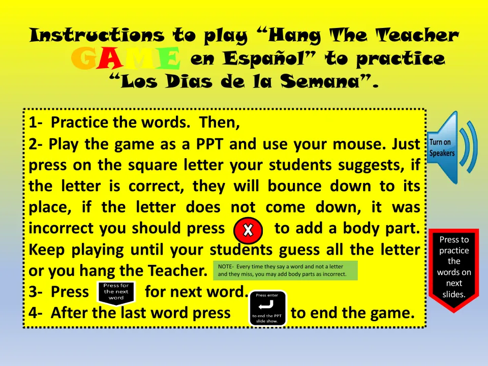 Game instructions: practice Spanish words, click guessed letters, and press X to add a body part for a miss