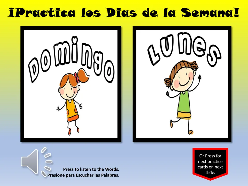 Spanish vocabulary practice cards 1–2: domingo (Sunday) and lunes (Monday), with a button to hear the words