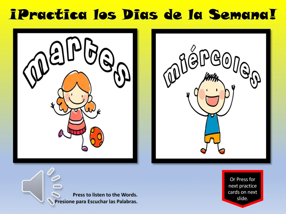 Spanish vocabulary practice cards 3–4: martes (Tuesday) and miércoles (Wednesday), with a listening button