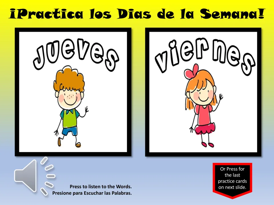 Spanish vocabulary practice cards 5–6: jueves (Thursday) and viernes (Friday), with a listening button