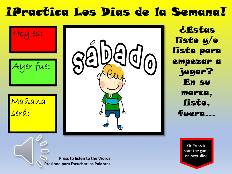 Final Spanish practice card: sábado (Saturday), with prompts for today, yesterday, and tomorrow
