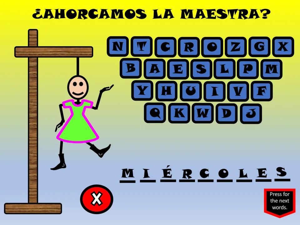 Spanish hangman game slide for miércoles (Wednesday), showing letter choices and an X for incorrect guesses