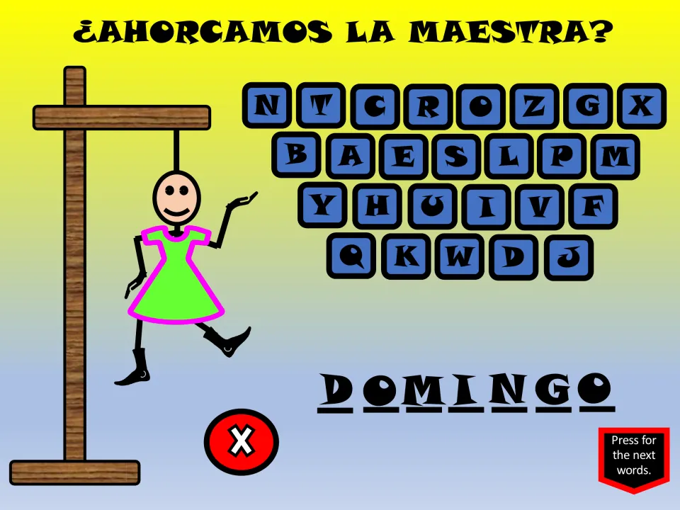 Spanish hangman game slide for domingo (Sunday), showing letter choices and an X for incorrect guesses