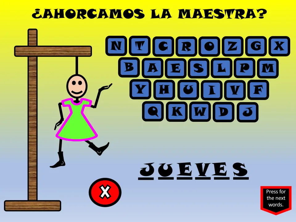 Spanish hangman game slide for jueves (Thursday), showing letter choices and an X for incorrect guesses