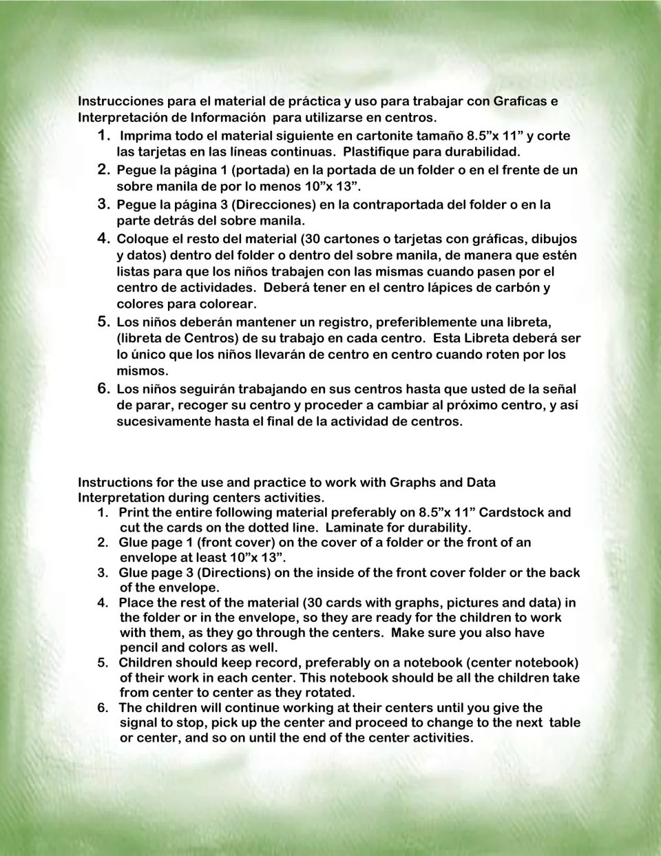 Teacher setup steps in Spanish and English: print on cardstock, cut and laminate 30 graph cards, store in a folder