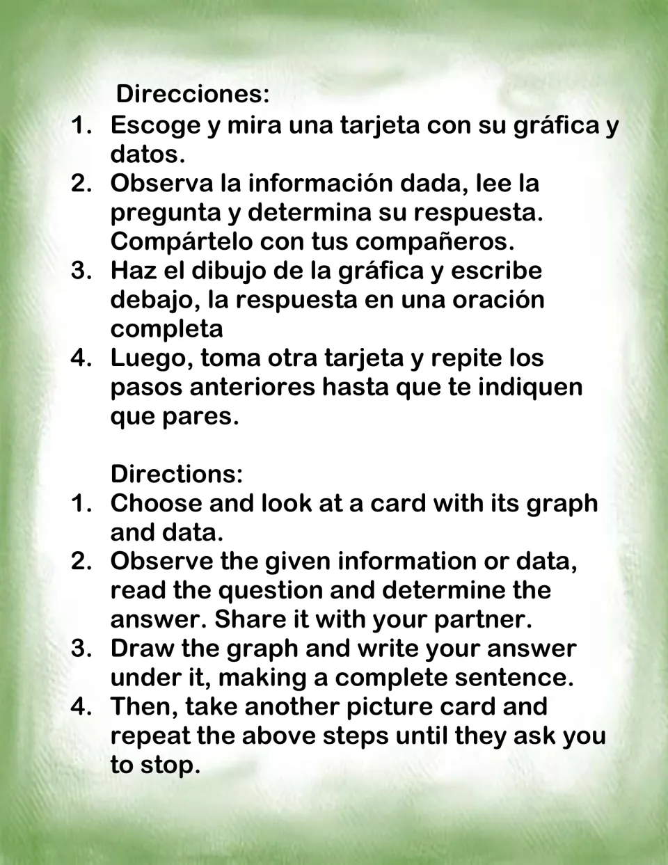 Bilingual student directions: pick a graph card, answer its question, draw the graph and write a complete sentence