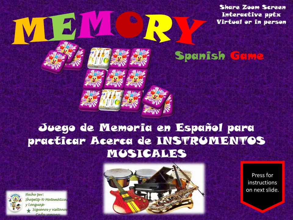 Spanish musical instrument memory game cover introducing an interactive PowerPoint for virtual or in-person play