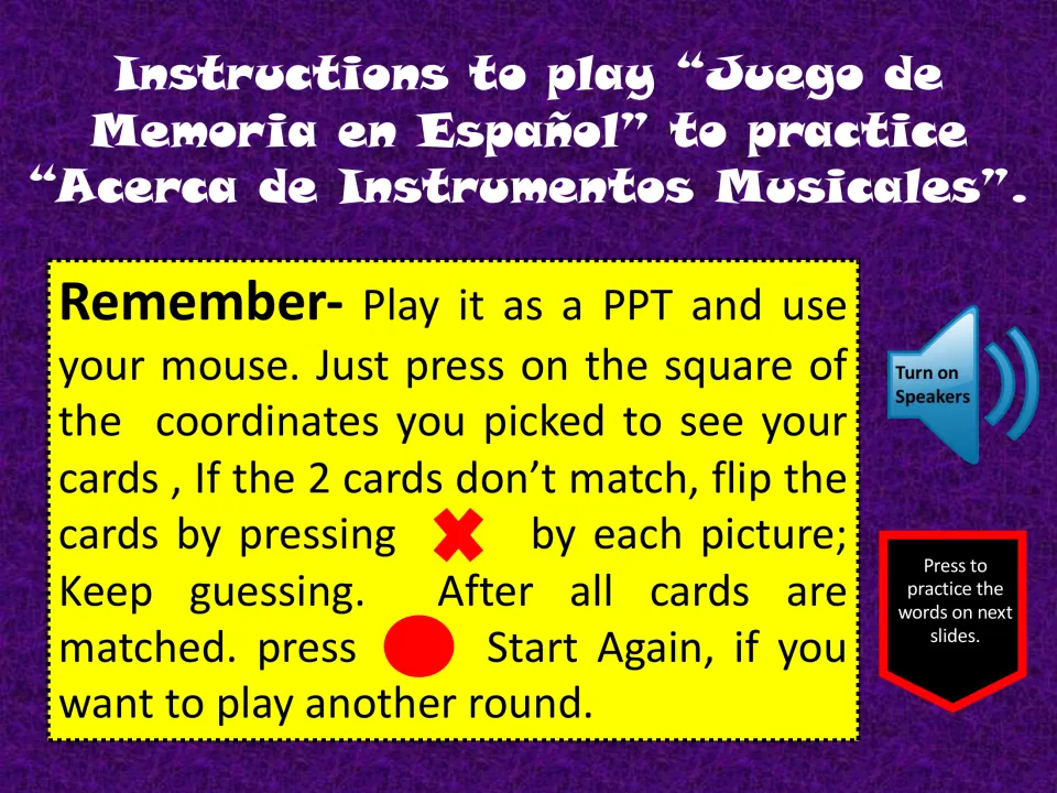 Memory game instructions: select two cards, press the red X for mismatches, and use Start Again to replay