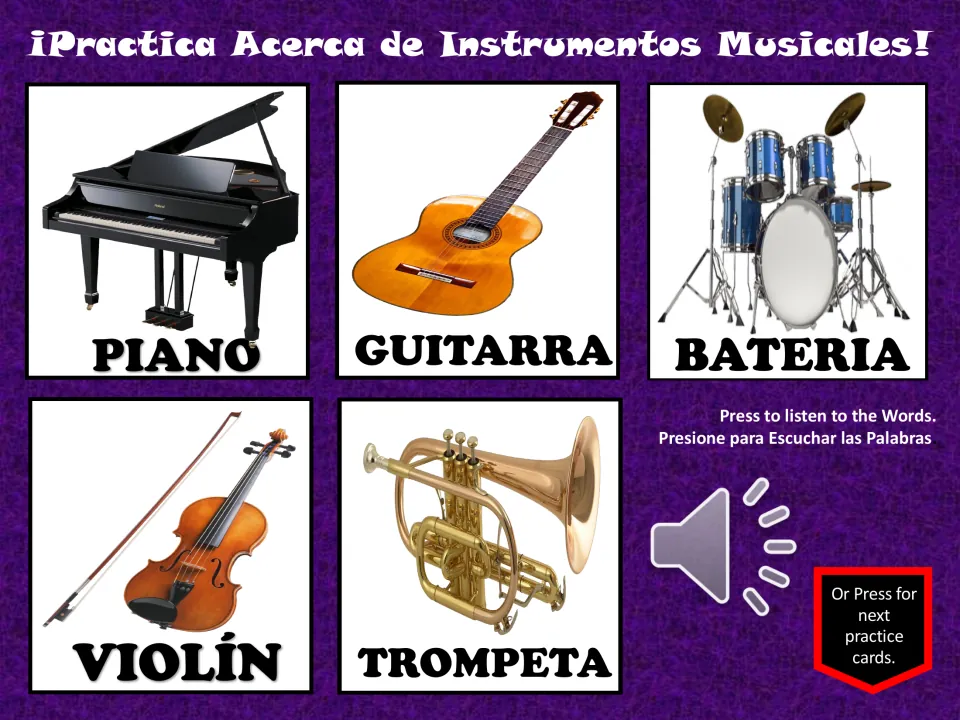 Spanish vocabulary practice: piano, guitarra (guitar), batería (drums), violín (violin), and trompeta (trumpet)