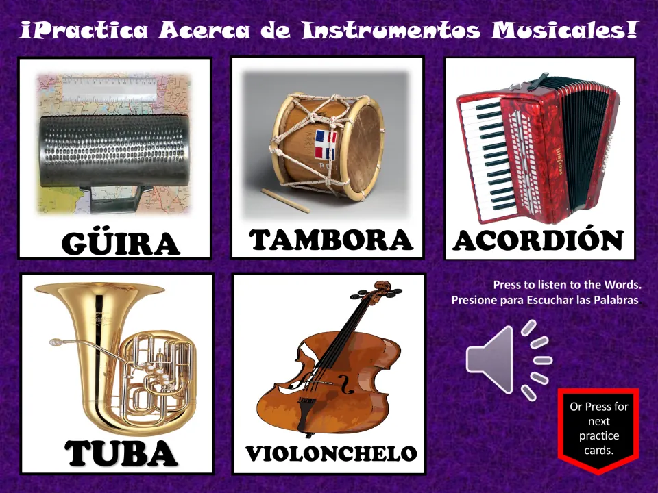 Spanish vocabulary practice: güira, tambora (drum), acordeón (accordion), tuba, and violonchelo (cello)