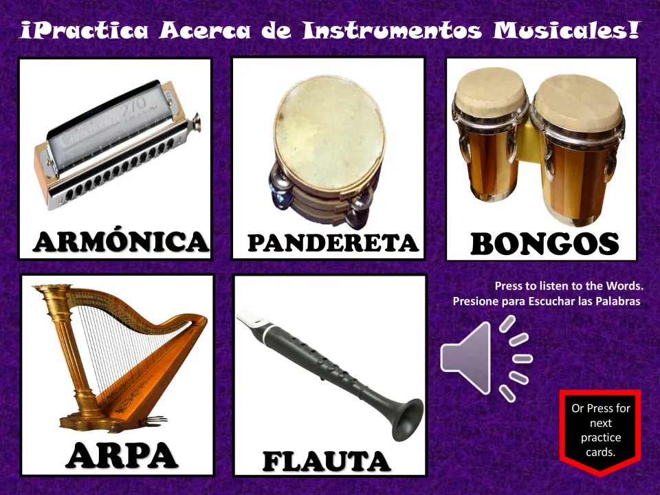 Spanish vocabulary practice: armónica (harmonica), pandereta (tambourine), bongos, arpa (harp), and flauta (flute)