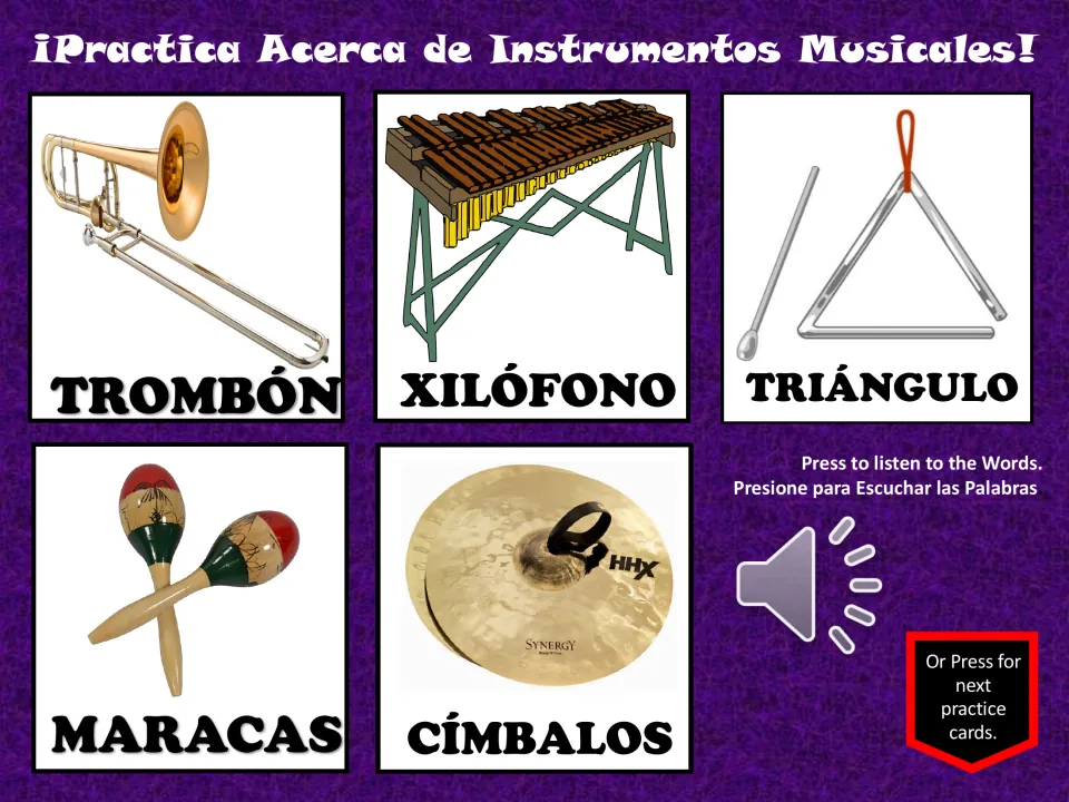 Spanish vocabulary practice: trombón (trombone), xilófono (xylophone), triángulo (triangle), maracas, and címbalos
