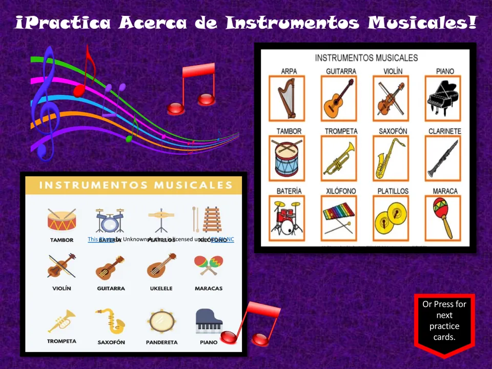 Spanish instrument review charts include arpa (harp), clarinete (clarinet), saxofón (saxophone), and ukelele