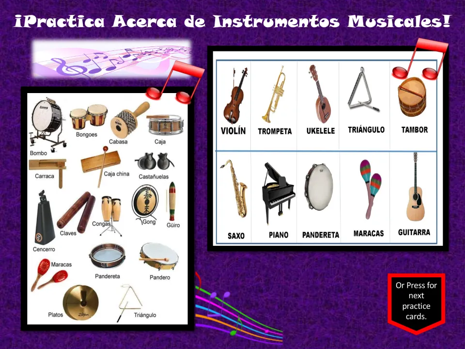Spanish instrument review charts include cabasa, caja (snare drum), castañuelas (castanets), and violín (violin)