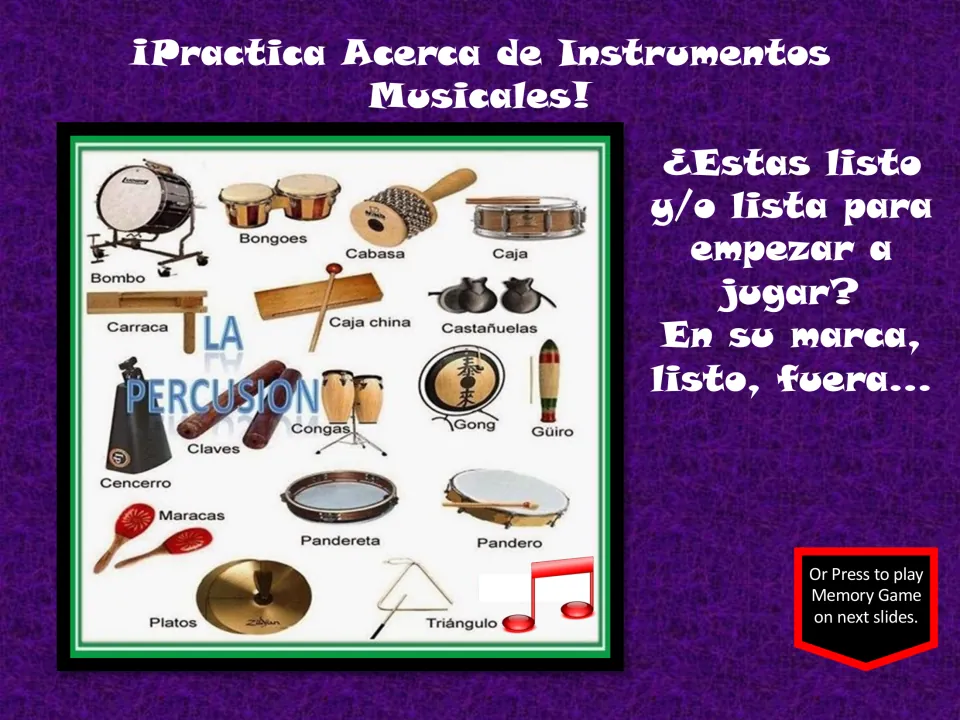 Spanish percussion review chart labeled La Percusión includes congas, gong, and claves before the memory game