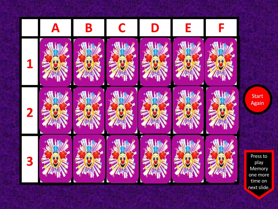 Spanish instrument memory game board has 18 face-down cards at coordinates A1–F3 and a Start Again button