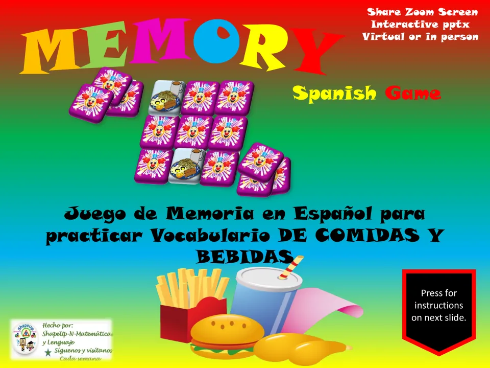 Cover of a Spanish memory game for comidas y bebidas (food and drinks), for virtual or in-person play
