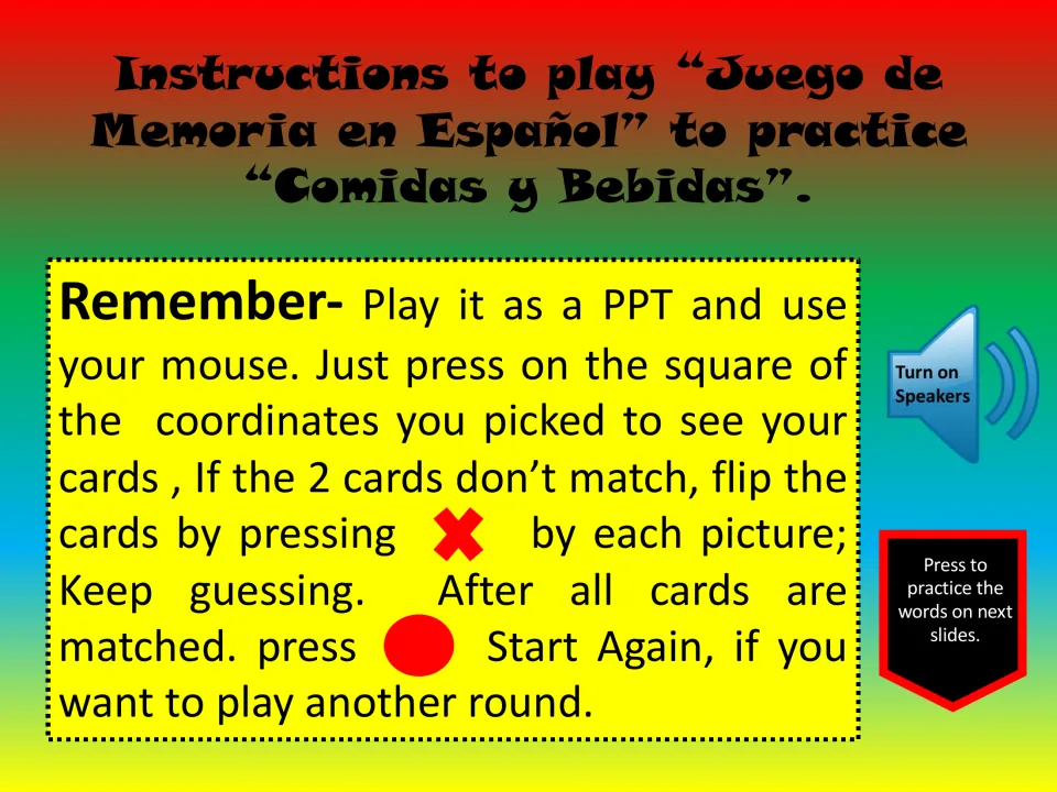 Memory game instructions: click to reveal cards, use X to hide mismatches, and press Start Again to replay