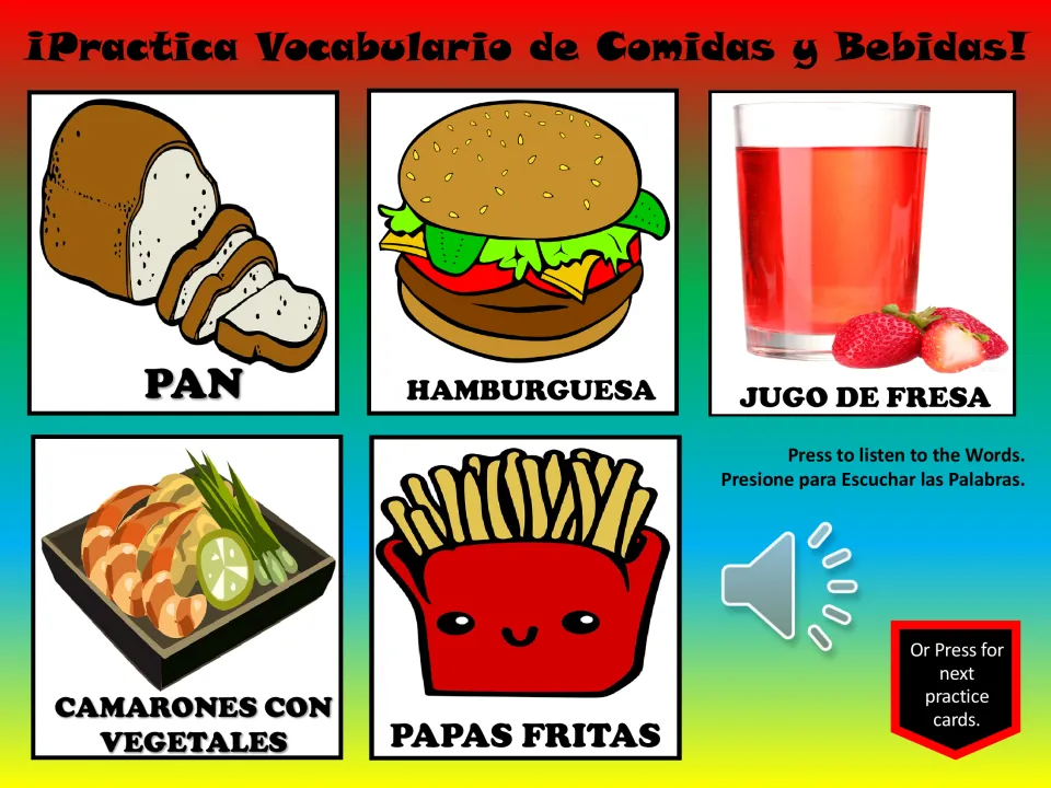 Spanish vocabulary practice: pan (bread), hamburguesa (hamburger), strawberry juice, shrimp, and fries