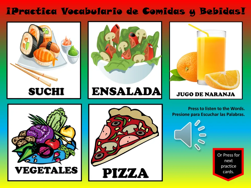 Spanish vocabulary practice: sushi labeled SUCHI, ensalada (salad), orange juice, vegetables, and pizza