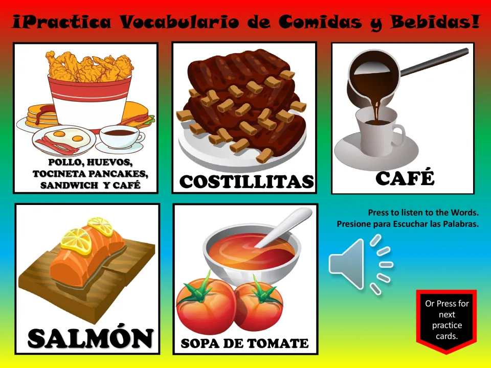 Spanish vocabulary practice: a mixed meal, costillitas (ribs), café (coffee), salmon, and tomato soup