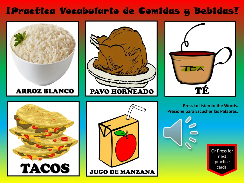 Spanish vocabulary practice: arroz blanco (white rice), roast turkey, té (tea), tacos, and apple juice