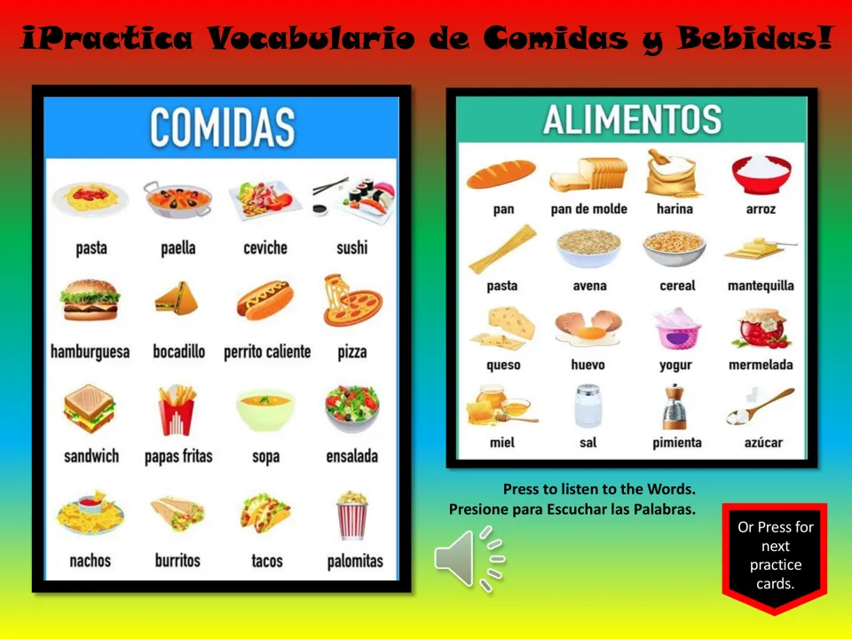Spanish vocabulary practice charts: 16 comidas (foods) and 16 alimentos (foods), including bread and eggs
