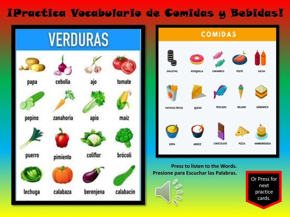 Spanish vocabulary practice charts: 16 verduras (vegetables) and 15 comidas (foods), including ice cream
