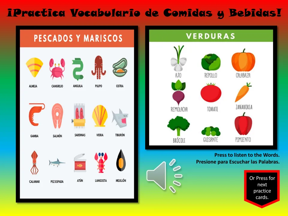 Spanish vocabulary practice charts: 15 pescados y mariscos (fish and seafood) and nine verduras (vegetables)