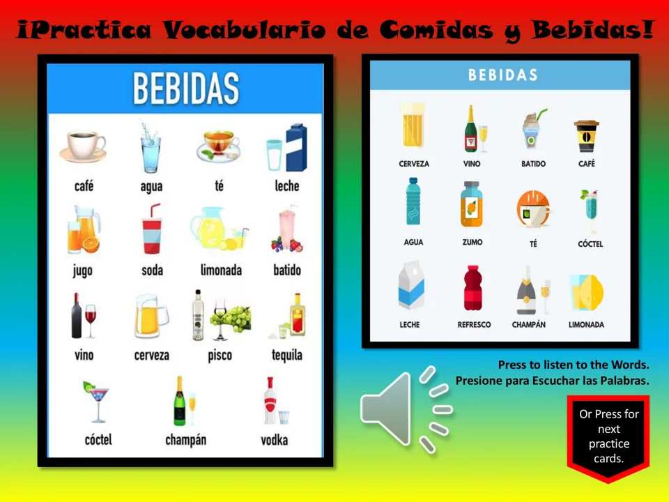 Spanish bebidas (drinks) practice: two charts with 15 and 12 labels, including agua (water) and leche (milk)