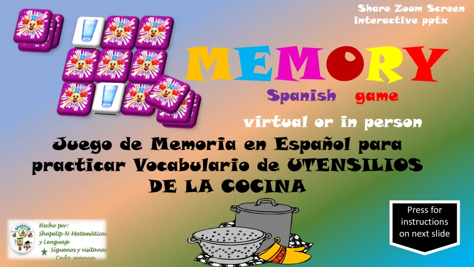 Cover of a Spanish kitchen vocabulary memory game for virtual or in-person play in PowerPoint