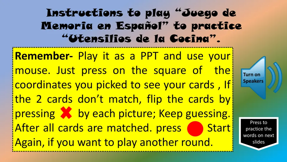 Memory game instructions: click to reveal cards, press X for mismatches, and select Start Again to replay