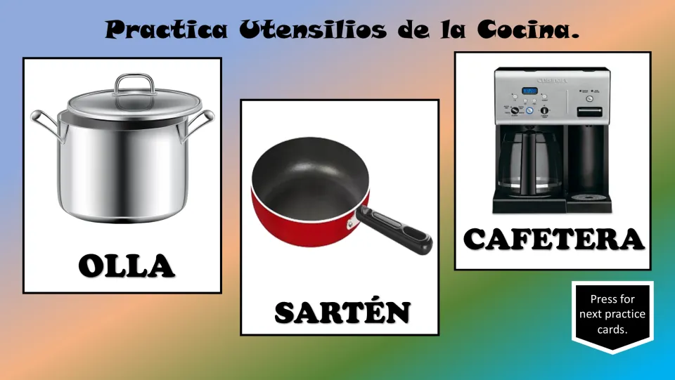 Spanish kitchen vocabulary practice pictures: olla (pot), sartén (pan), and cafetera (coffee maker)
