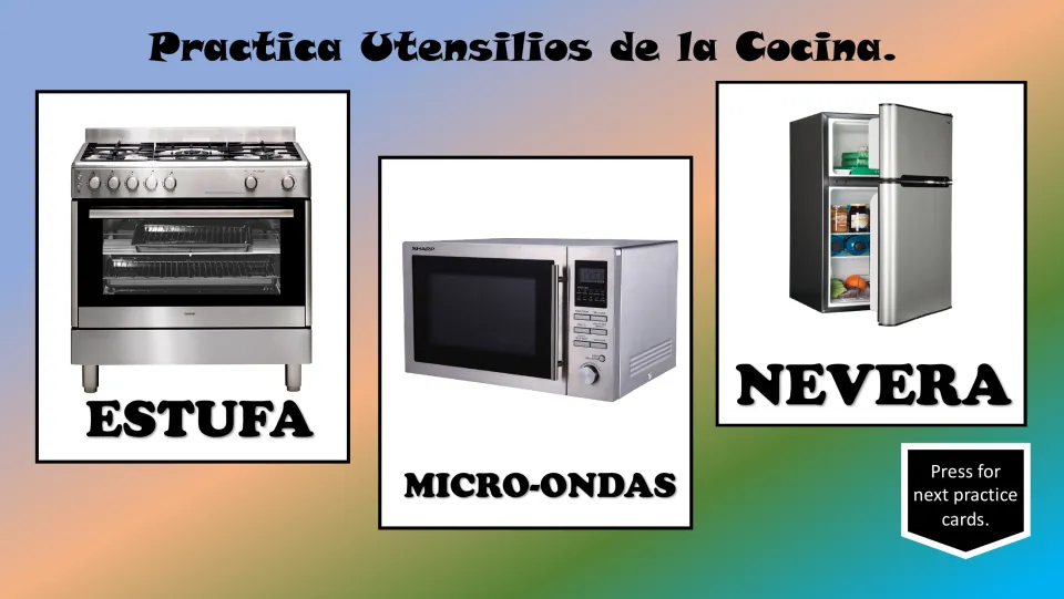 Spanish kitchen practice pictures: estufa (stove), micro-ondas (microwave), and nevera (refrigerator)